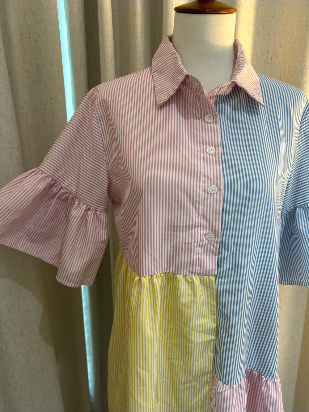 Striped Patchwork Colorblock Button-Up Mini Shirt Dress Sz S Ruffle Bell Sleeve - Picture 3 of 9